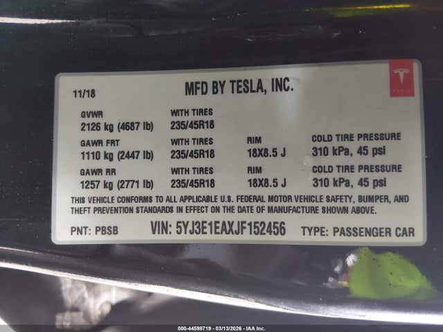 Продажа на аукционе авто 2018 Tesla Model 3 Long Range/mid Range, vin: 5YJ3E1EAXJF152456, номер лота: 44598719