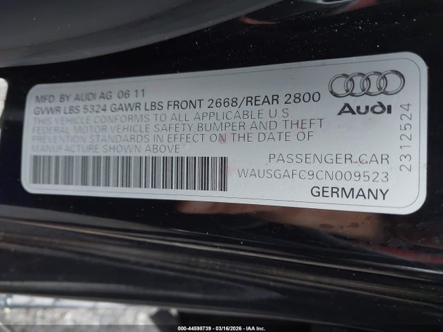 44598739 :رقم المزاد ، WAUSGAFC9CN009523 vin ، 2012 Audi A7 Premium مزاد بيع