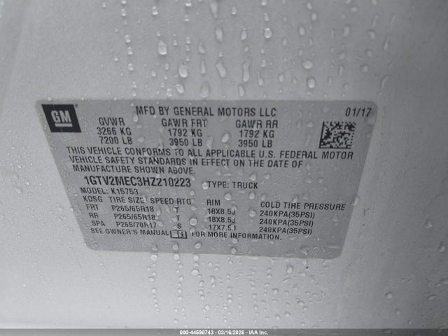 44598743 :رقم المزاد ، 1GTV2MEC3HZ210223 vin ، 2017 Gmc Sierra 1500 Sle مزاد بيع