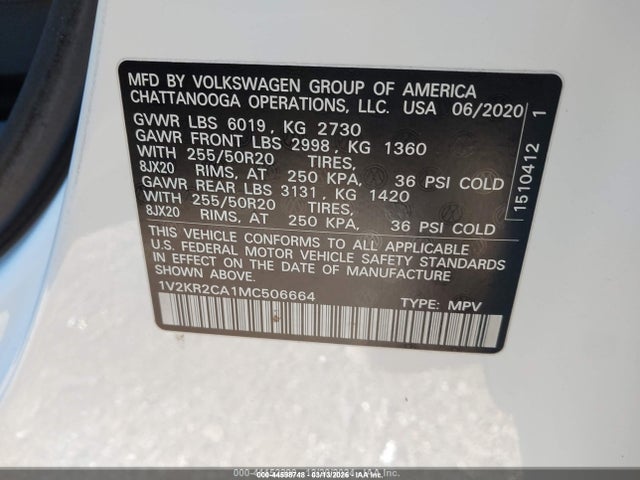 Aukcja sprzedaży 2021 Volkswagen Atlas 3.6l V6 Se W/technology, vin: 1V2KR2CA1MC506664, numer aukcji: 44598748
