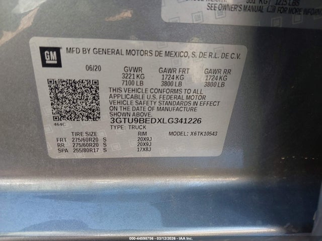 Продаж на аукціоні авто 2020 Gmc Sierra 1500 4wd  Short Box Sle, vin: 3GTU9BEDXLG341226, номер лоту: 44598756