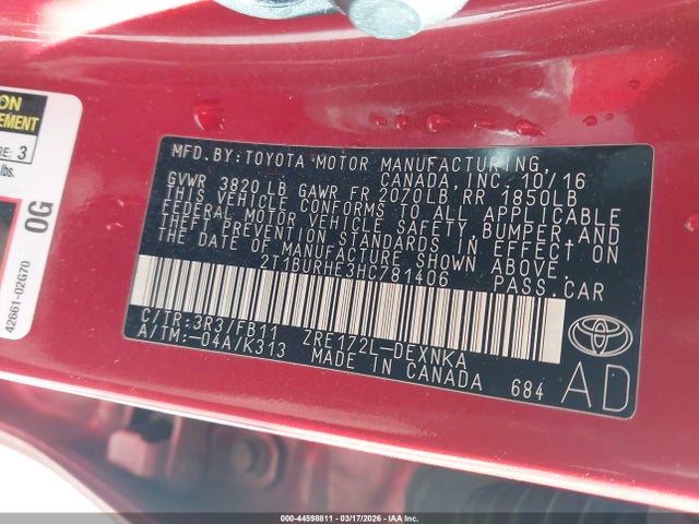 Aukcja sprzedaży 2017 Toyota Corolla Le, vin: 2T1BURHE3HC781406, numer aukcji: 44598811