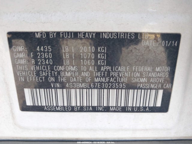 44598824 :رقم المزاد ، 4S3BMBL67E3023595 vin ، 2014 Subaru Legacy 2.5i Limited مزاد بيع