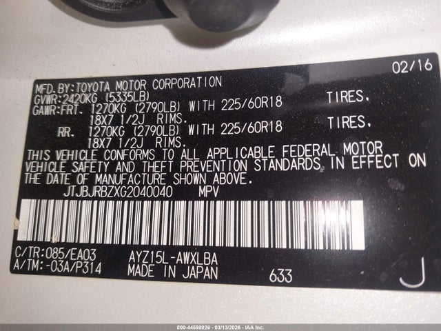 44598826 :رقم المزاد ، JTJBJRBZXG2040040 vin ، 2016 Lexus Nx 300h مزاد بيع
