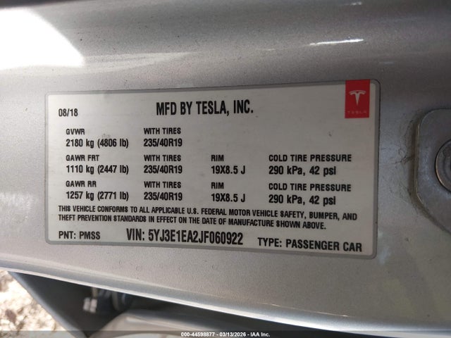Aukcja sprzedaży 2018 Tesla Model 3 Long Range/mid Range, vin: 5YJ3E1EA2JF060922, numer aukcji: 44598877