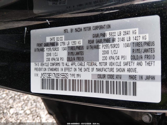 Продаж на аукціоні авто 2022 Mazda Cx-9 Signature, vin: JM3TCBEY7N0615593, номер лоту: 44598943
