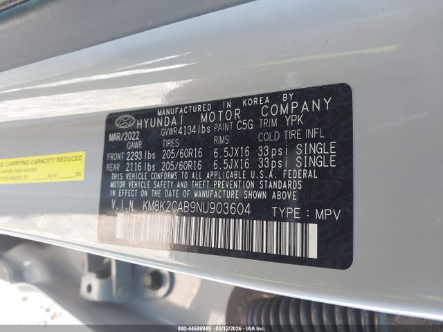 44598949 :رقم المزاد ، KM8K2CAB9NU903604 vin ، 2022 Hyundai Kona Se مزاد بيع