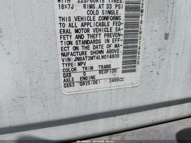 44598951 :رقم المزاد ، JN8AT2MT4LW014808 vin ، 2020 Nissan Rogue Sv Fwd مزاد بيع