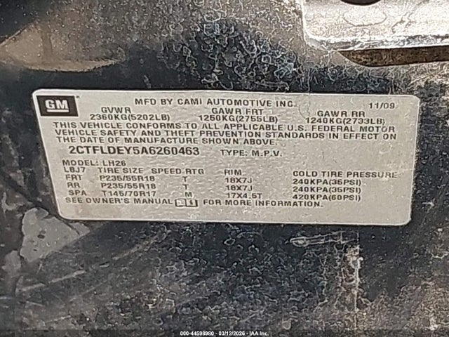 Aukcja sprzedaży 2010 Gmc Terrain Sle-2, vin: 2CTFLDEY5A6260463, numer aukcji: 44598980