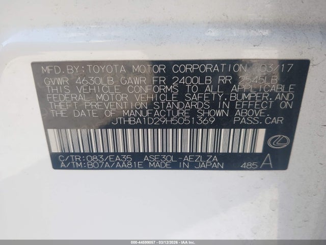 Aukcja sprzedaży 2017 Lexus Is 200t, vin: JTHBA1D29H5051369, numer aukcji: 44599057