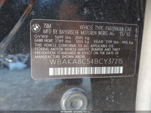 2011 BMW 750I WBAKA8C54BCY37215 Photo 8