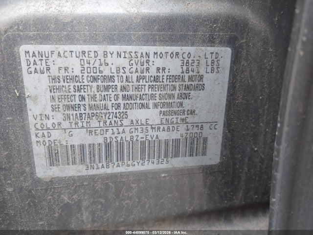 Продажа на аукционе авто 2016 Nissan Sentra S, vin: 3N1AB7AP6GY274325, номер лота: 44599075