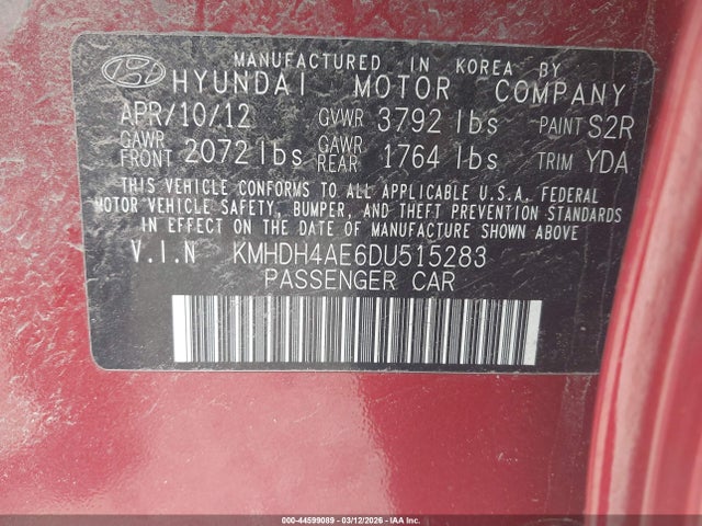 2013 Hyundai Elantra Limited მანქანა იყიდება აუქციონზე, vin: KMHDH4AE6DU515283, აუქციონის ნომერი: 44599089