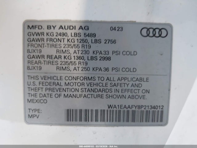 2023 Audi Q5 Premium Plus 45 Tfsi S Line Quattro მანქანა იყიდება აუქციონზე, vin: WA1EAAFY8P2134012, აუქციონის ნომერი: 44599103