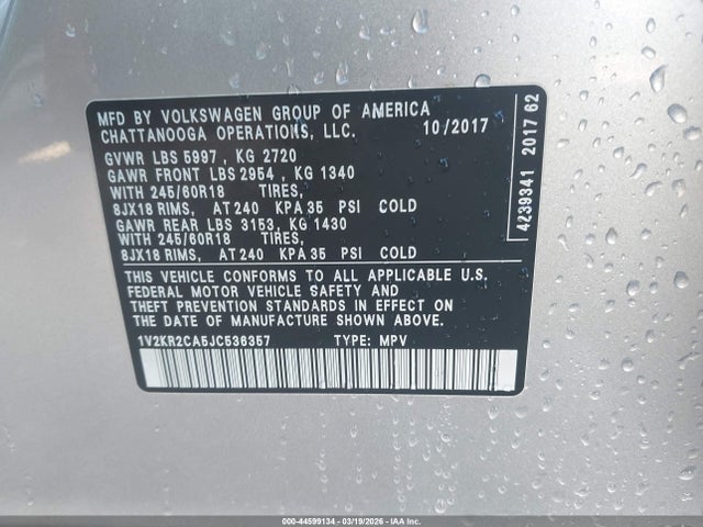 44599134 :رقم المزاد ، 1V2KR2CA5JC536357 vin ، 2018 Volkswagen Atlas 3.6l V6 Se مزاد بيع