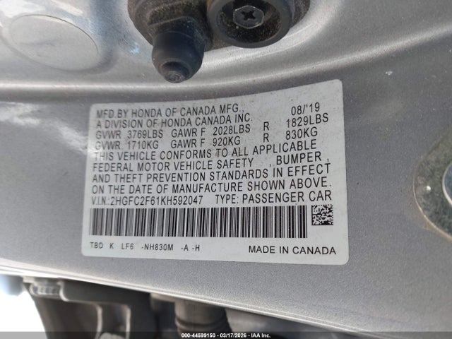 Honda Civic Lx 2019 2HGFC2F61KH592047 Image 9