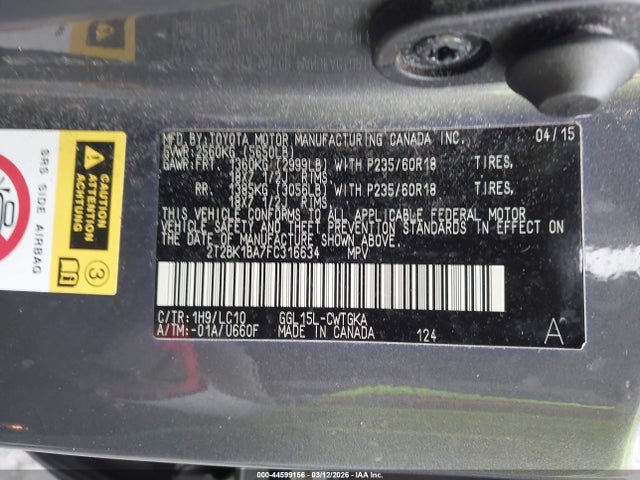 44599156 :رقم المزاد ، 2T2BK1BA7FC316634 vin ، 2015 Lexus Rx 350 مزاد بيع