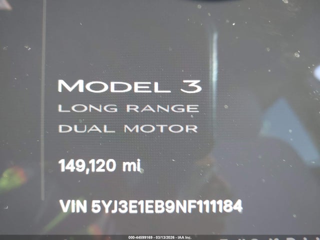5YJ3E1EB9NF111184 Tesla Model 3 Long Range Dual Motor All-wheel Drive