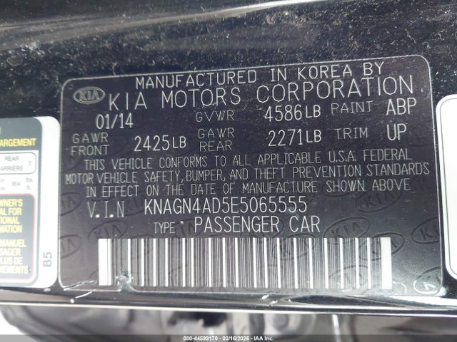 44599170 :رقم المزاد ، KNAGN4AD5E5065555 vin ، 2014 Kia Optima Hybrid Ex مزاد بيع
