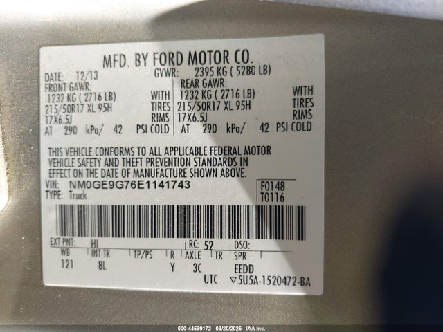 44599172 :رقم المزاد ، NM0GE9G76E1141743 vin ، 2014 Ford Transit Connect Titanium مزاد بيع