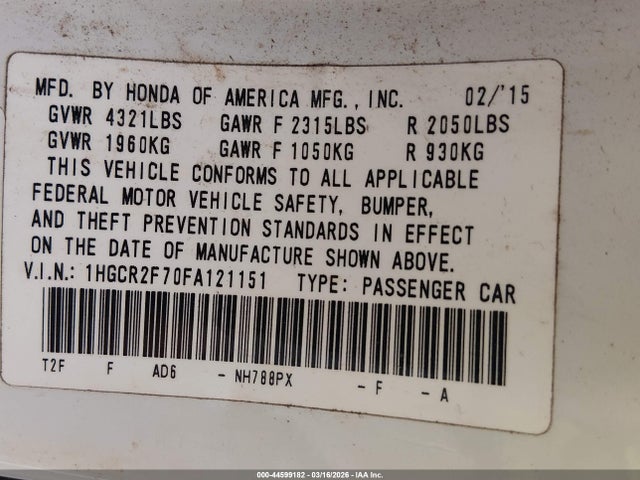 Honda ACCORD EX 2015 1HGCR2F70FA121151 Image 9