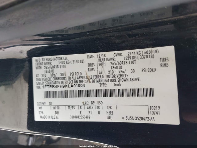 Aukcja sprzedaży 2019 Ford Ranger Lariat, vin: 1FTER4FH9KLA01004, numer aukcji: 44599201