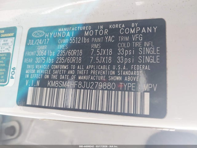 Aukcja sprzedaży 2018 Hyundai Santa Fe Se, vin: KM8SM4HF8JU279880, numer aukcji: 44599242