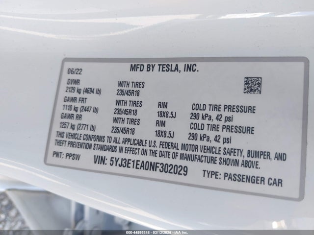 Продаж на аукціоні авто 2022 Tesla Model 3 Rear-wheel Drive, vin: 5YJ3E1EA0NF302029, номер лоту: 44599248