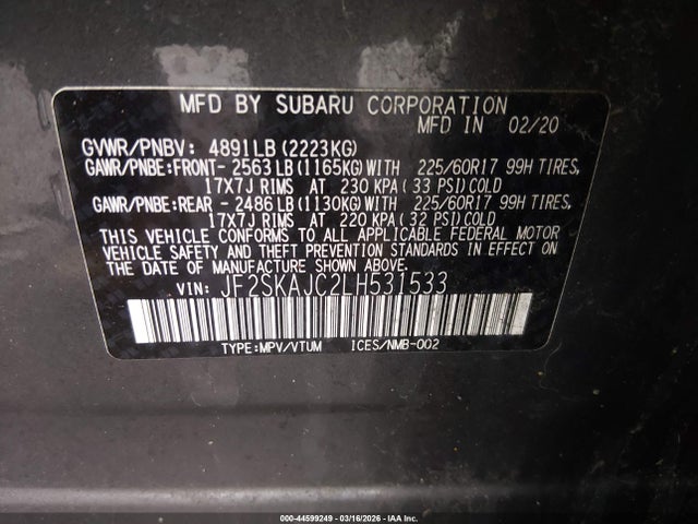 44599249 :رقم المزاد ، JF2SKAJC2LH531533 vin ، 2020 Subaru Forester Premium مزاد بيع