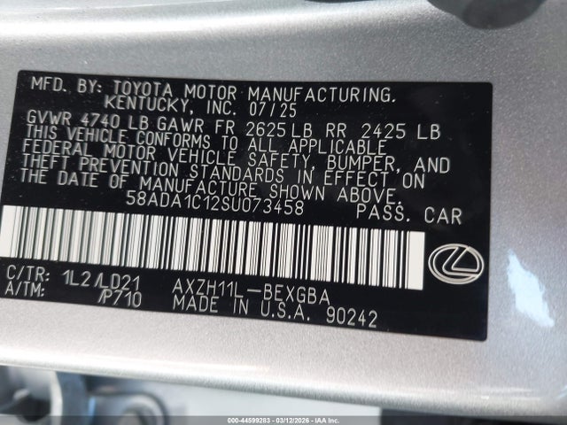44599283 :رقم المزاد ، 58ADA1C12SU073458 vin ، 2025 Lexus Es 300h مزاد بيع