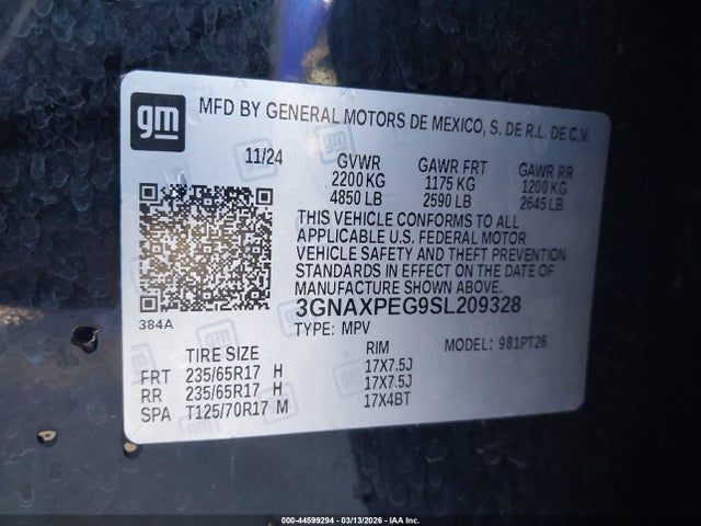 Aukcja sprzedaży 2025 Chevrolet Equinox Awd Lt, vin: 3GNAXPEG9SL209328, numer aukcji: 44599294