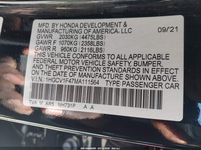2021 Honda Accord Sport Special Edition მანქანა იყიდება აუქციონზე, vin: 1HGCV1F47MA111564, აუქციონის ნომერი: 44599299