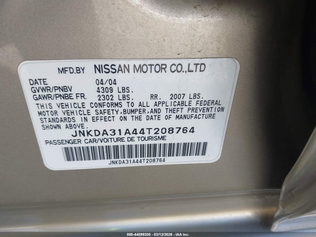 44599305 :رقم المزاد ، JNKDA31A44T208764 vin ، 2004 Infiniti I35 Luxury مزاد بيع