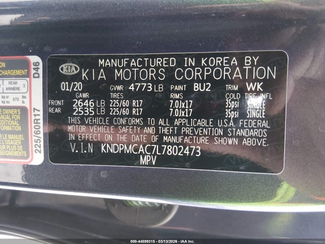 2020 Kia Sportage Lx მანქანა იყიდება აუქციონზე, vin: KNDPMCAC7L7802473, აუქციონის ნომერი: 44599315