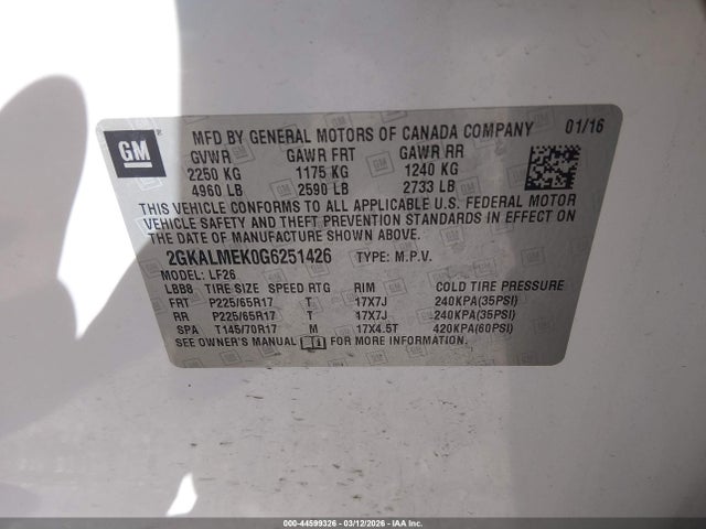 Aukcja sprzedaży 2016 Gmc Terrain Sle-1, vin: 2GKALMEK0G6251426, numer aukcji: 44599326