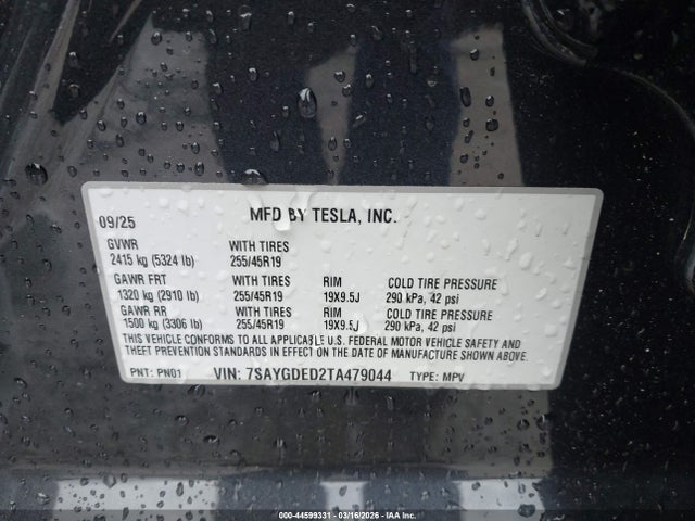 Продажа на аукционе авто 2026 Tesla Model Y Premium Rear-wheel Drive/standard Rear-wheel Drive, vin: 7SAYGDED2TA479044, номер лота: 44599331