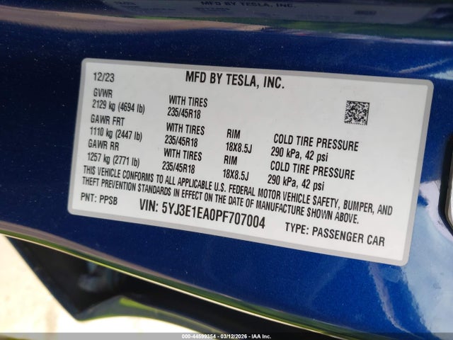 Aukcja sprzedaży 2023 Tesla Model 3 Rear-wheel Drive, vin: 5YJ3E1EA0PF707004, numer aukcji: 44599354