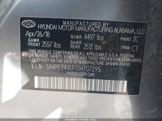 44599356 :رقم المزاد ، 5NPE34AF1JH707295 vin ، 2018 Hyundai Sonata Sport+ مزاد بيع