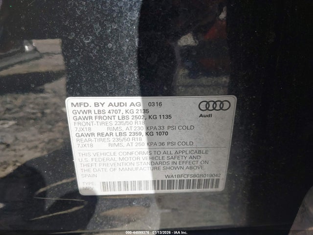 44599376 :رقم المزاد ، WA1BFCFS8GR019042 vin ، 2016 Audi Q3 2.0t Premium Plus مزاد بيع
