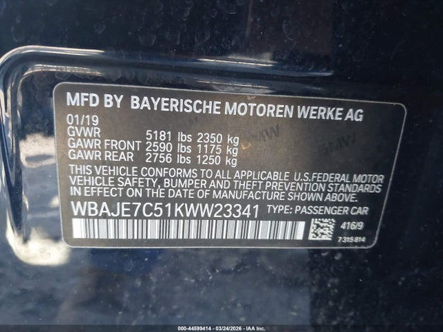 2019 Bmw 540i Xdrive მანქანა იყიდება აუქციონზე, vin: WBAJE7C51KWW23341, აუქციონის ნომერი: 44599414
