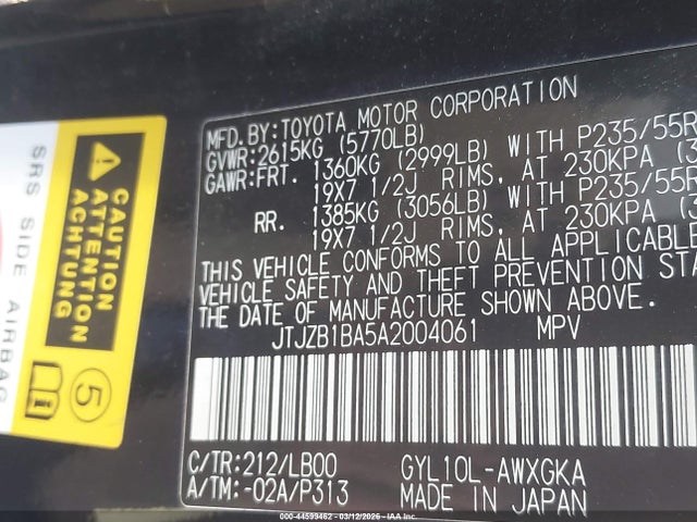 44599462 :رقم المزاد ، JTJZB1BA5A2004061 vin ، 2010 Lexus Rx 450h مزاد بيع