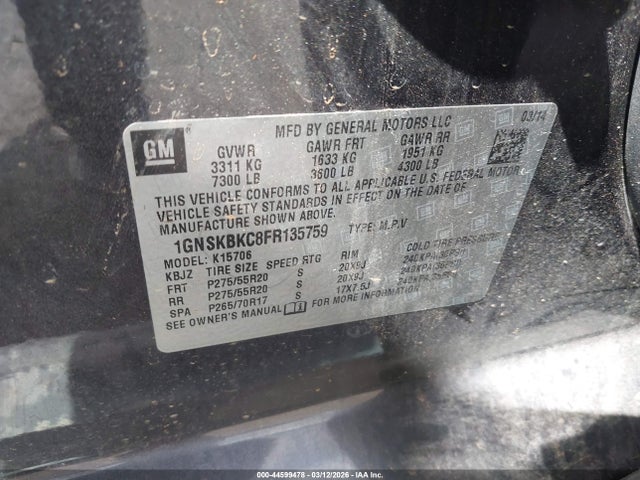 Aukcja sprzedaży 2015 Chevrolet Tahoe Lt, vin: 1GNSKBKC8FR135759, numer aukcji: 44599478