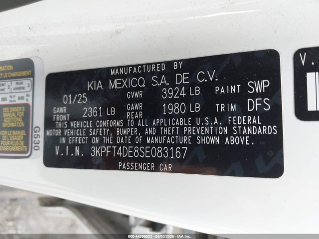 44599523 :رقم المزاد ، 3KPFT4DE8SE083167 vin ، 2025 Kia K4 Lx مزاد بيع