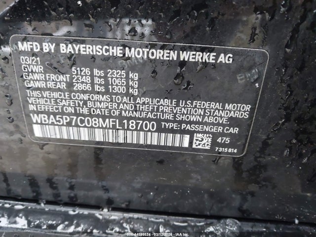 44599524 :رقم المزاد ، WBA5P7C08MFL18700 vin ، 2021 Bmw 330e مزاد بيع