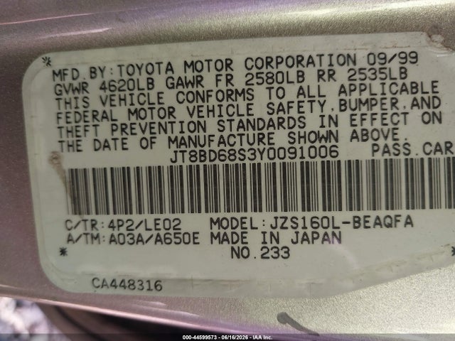 Aukcja sprzedaży 2000 Lexus Gs 300, vin: JT8BD68S3Y0091006, numer aukcji: 44599573