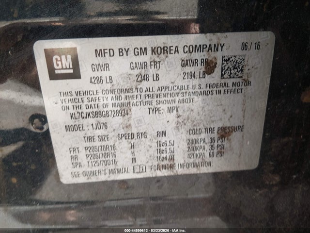 KL7CJKSB9GB728934 Chevrolet Trax 1ls