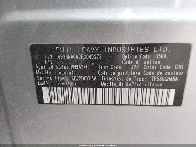 2015 Subaru Legacy 2.5i Premium მანქანა იყიდება აუქციონზე, vin: 4S3BNAC62F3040278, აუქციონის ნომერი: 44599659