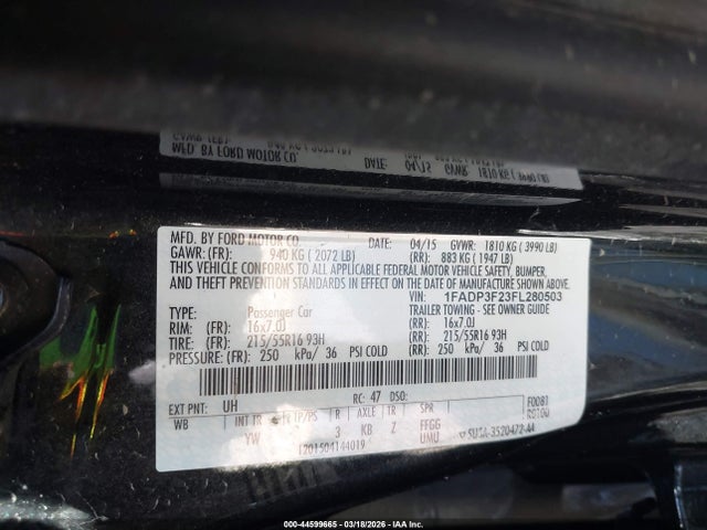 44599665 :رقم المزاد ، 1FADP3F23FL280503 vin ، 2015 Ford Focus Se مزاد بيع