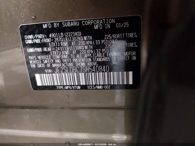 Aukcja sprzedaży 2025 Subaru Forester Premium, vin: JF2SLDBC7SH540840, numer aukcji: 44599671