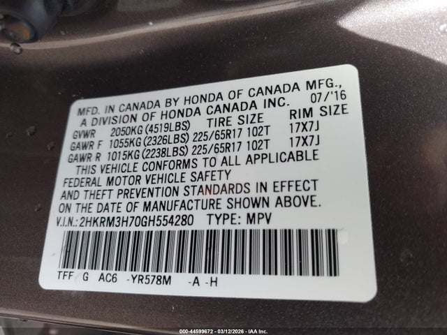 Honda Cr-v Ex-l 2016 2HKRM3H70GH554280 Image 9
